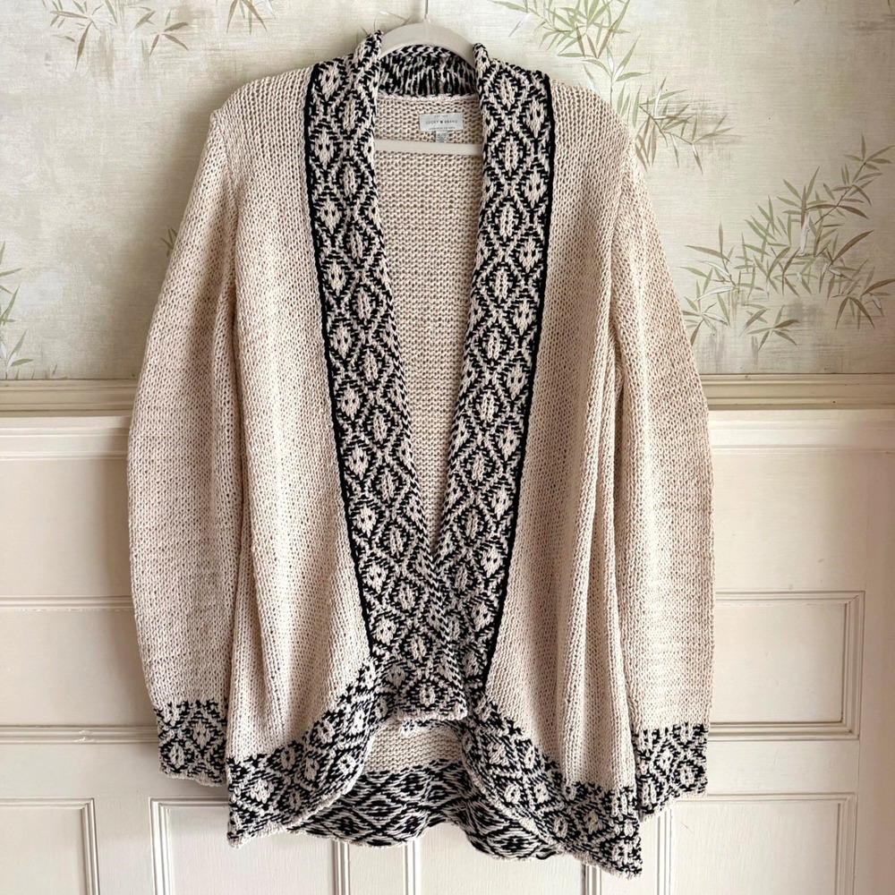 Lucky Brand Open Front Cardigan Cream Black Cotton Blend Knit Sweater Boho XL